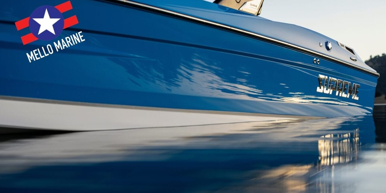 A blue boat, adorned with 