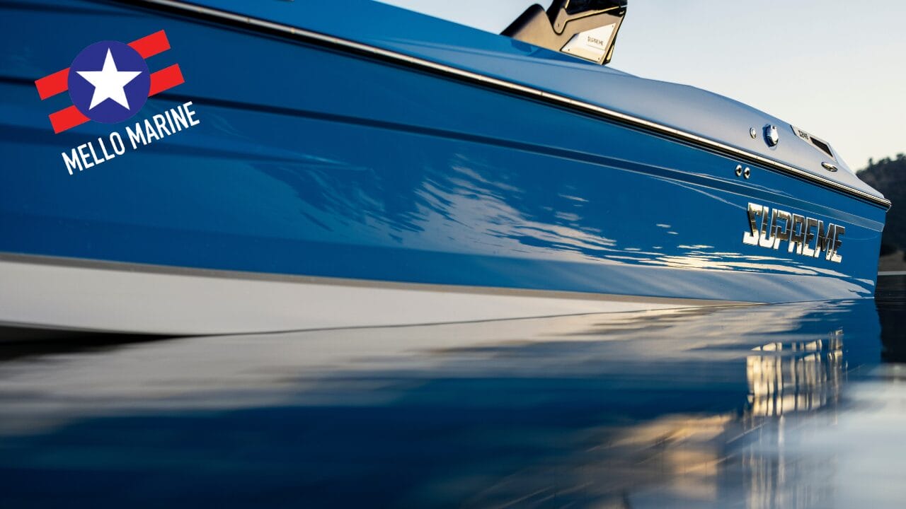 A blue boat, adorned with 