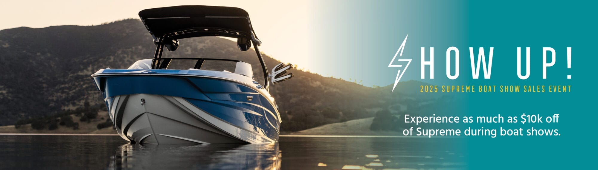 A blue Supreme Wake Boat on the water with mountains in the background. Text reads 