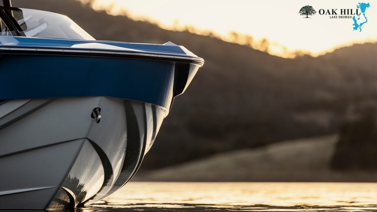 Close-up of a blue and white boat in calm water at sunset, with silhouetted hills in the background and the Oak Hill Marina logo in the corner.