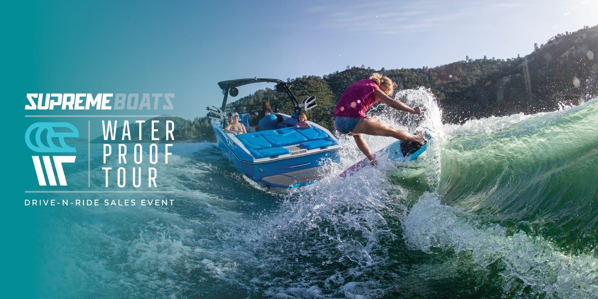 A person wakeboarding on a wave beside a blue boat, with onlookers enjoying the thrill. Text reads 