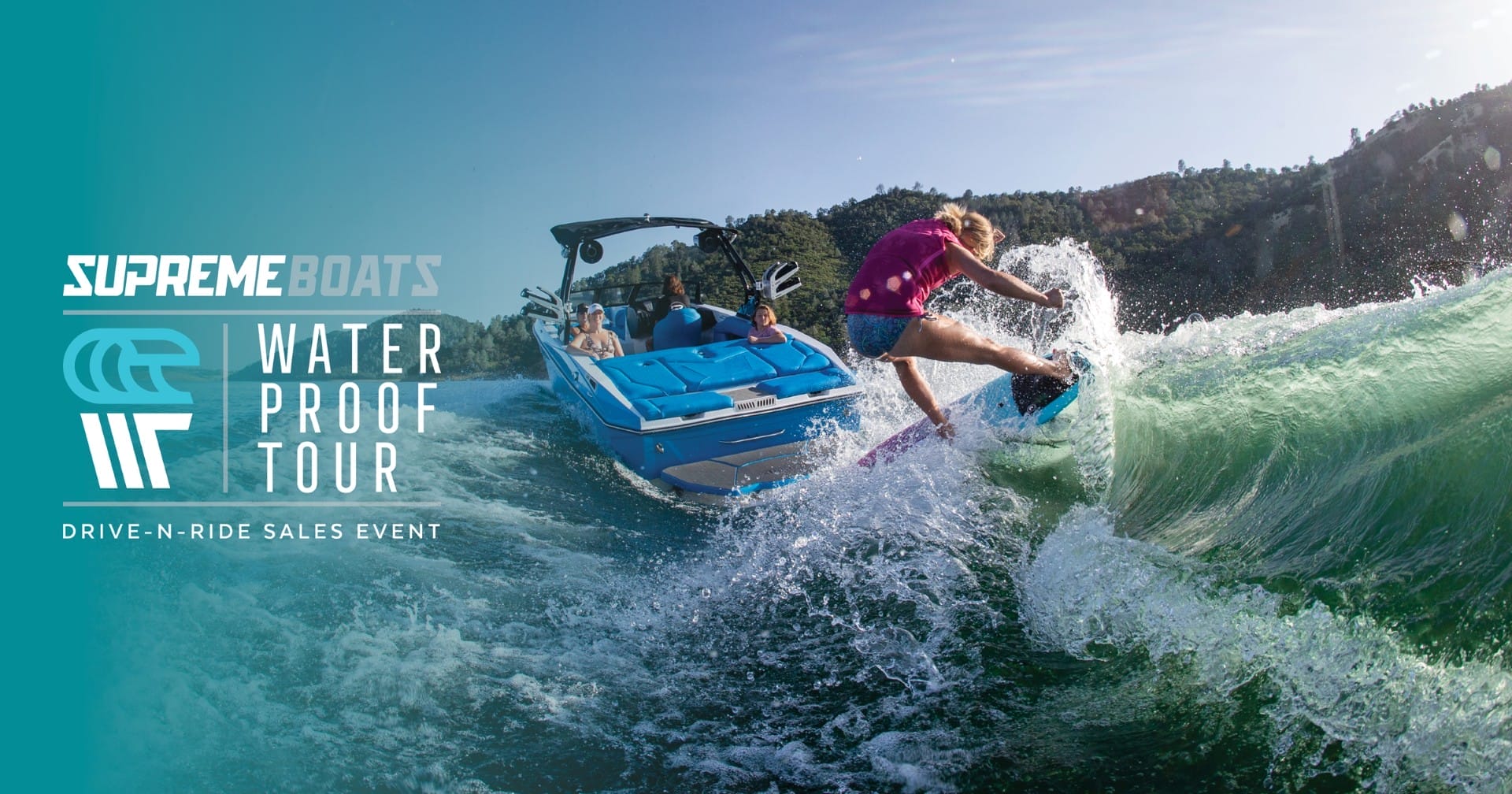 A person wakeboarding on a wave beside a blue boat, with onlookers enjoying the thrill. Text reads 